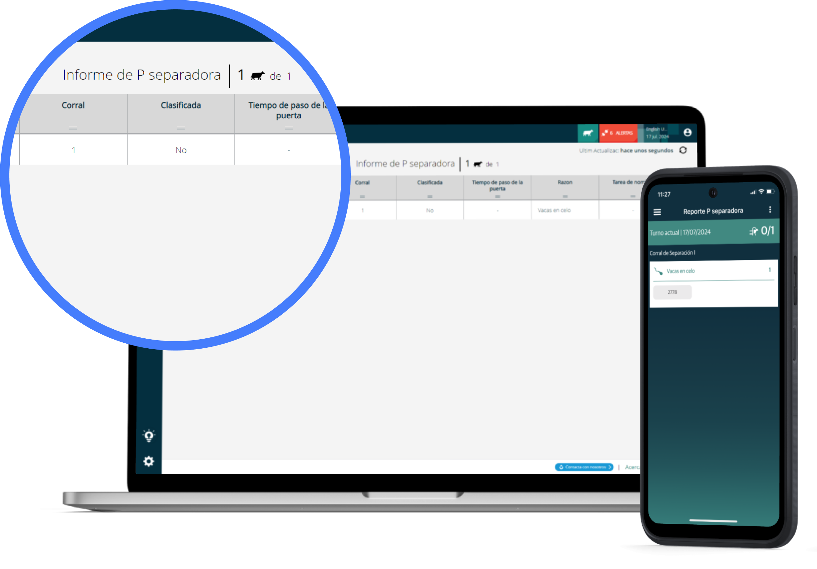 Los datos de SenseHub Dairy se muestran en la pantalla del teléfono y en el portátil